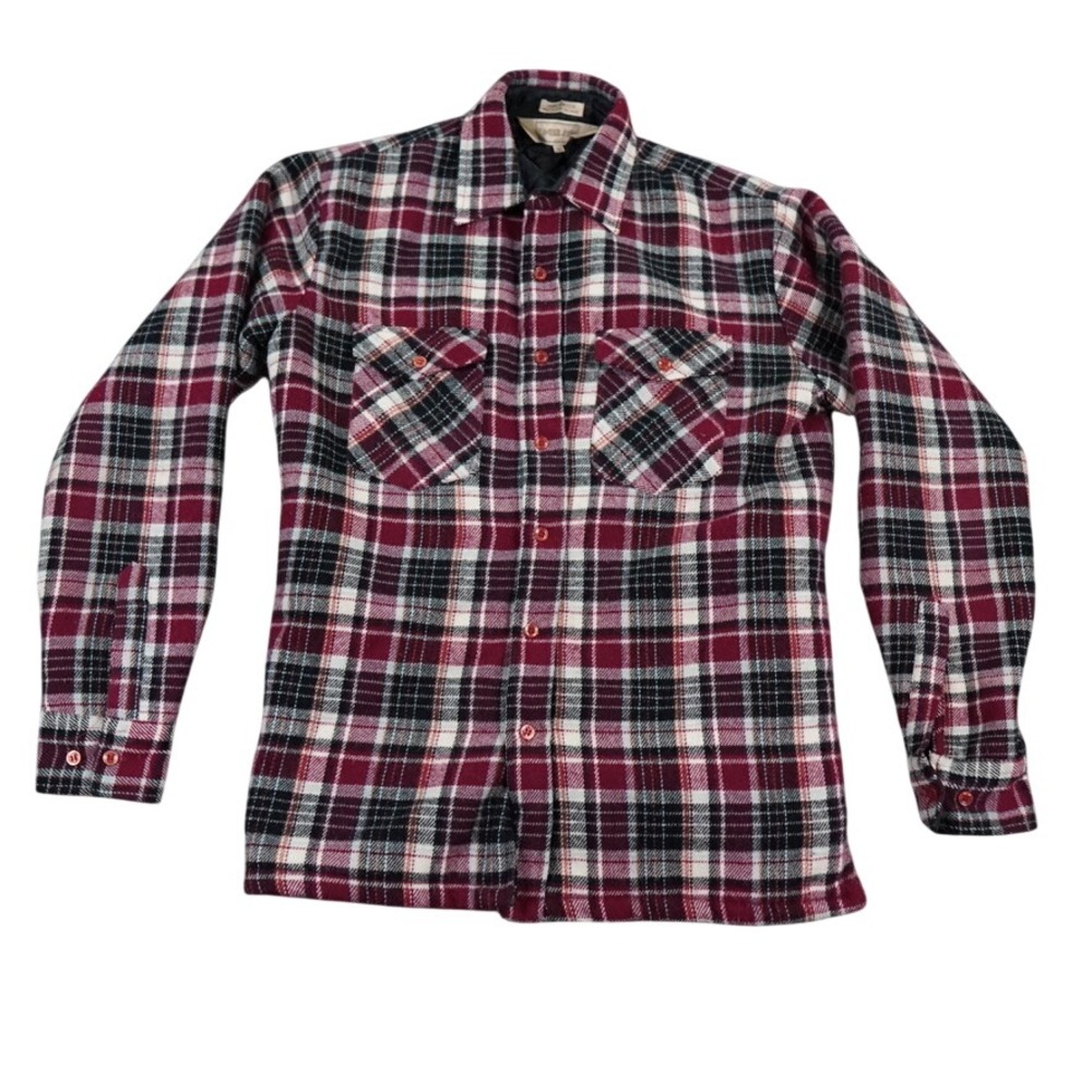 VTG Timber Run Flannel Shirt Jacket Mens Medium Burgundy Plaid Quilted Lining